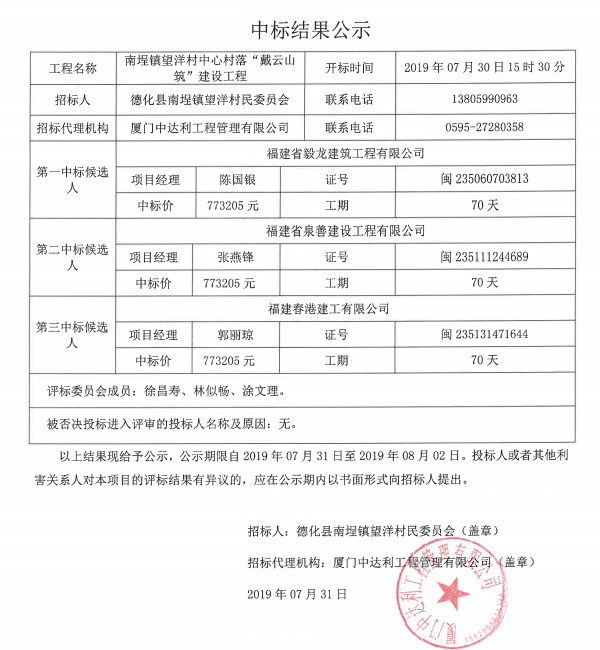 南埕镇望洋村中心村落“戴云山筑”建设工程中标结果公示 - 憨鼠网
