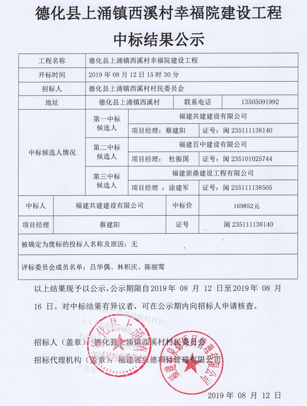 德化县上涌镇西溪村幸福院建设工程中标结果公示 - 憨鼠网