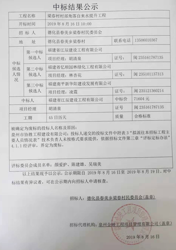 梁春村村部角落自来水提升工程中标结果公示 - 憨鼠网