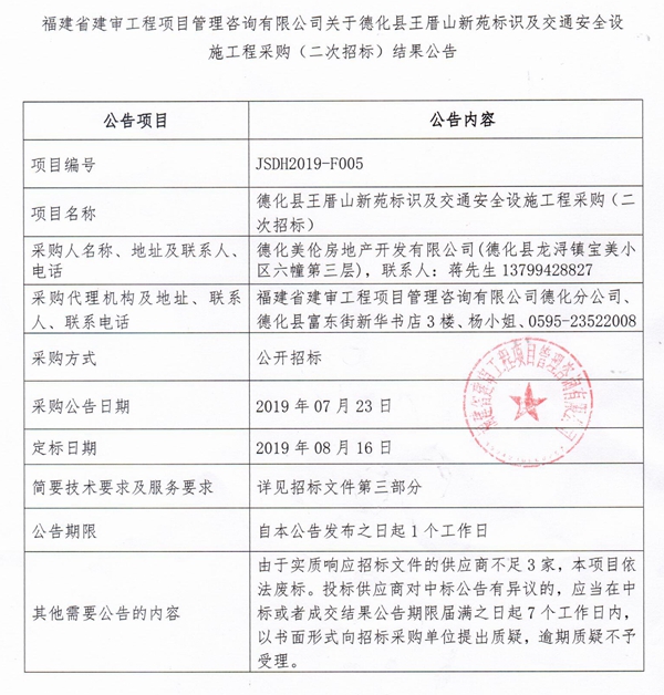 德化县王厝山新苑标识及交通安全设施工程采购（二次招标）结果公告 - 憨鼠网