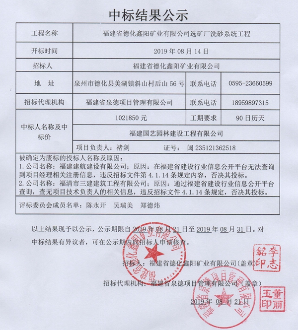 福建省德化鑫阳矿业有限公司选矿厂洗砂系统工程中标结果公示 - 憨鼠网
