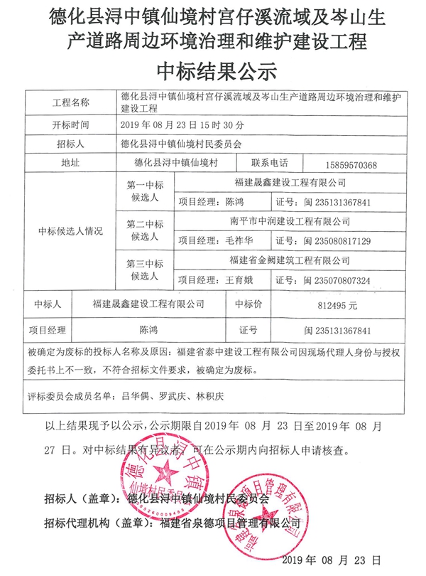 德化县浔中镇仙境村宫仔溪流域及岑山生产道路周边环境治理和维护建设工程中标结果公示 - 憨鼠网