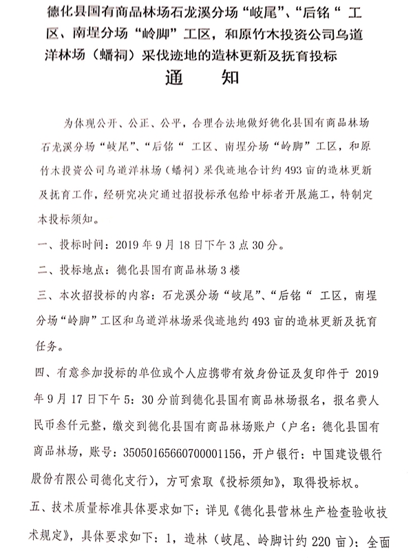 德化县国有商品林场部分采伐迹地的造林更新及抚育工作招标公告 - 憨鼠网