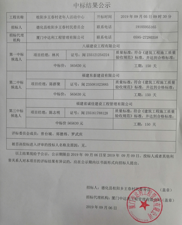桂阳乡王春村老年人活动中心中标结果公示 - 憨鼠网