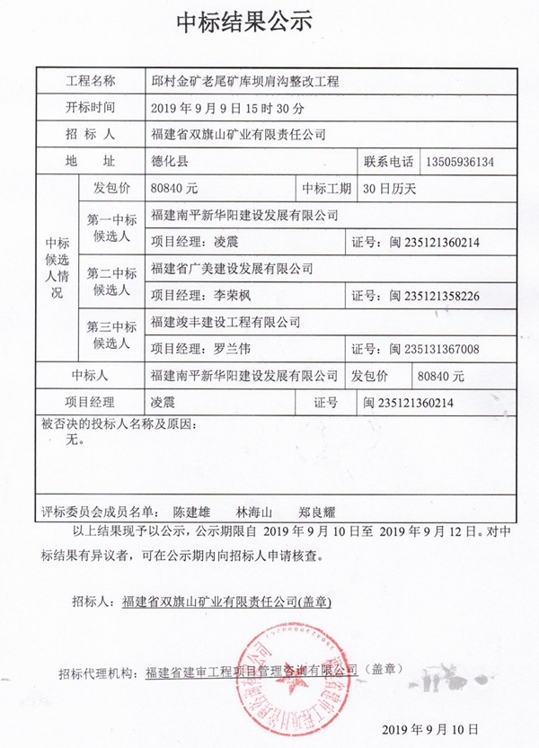 邱村金矿老尾矿库坝肩沟整改工程中标结果公示 - 憨鼠网