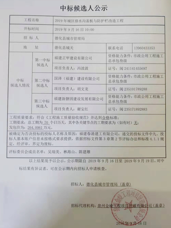 2019年城区排水沟盖板与防护栏改造工程中标候选人公示 - 憨鼠网