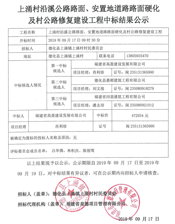 上涌村沿溪公路路面、安置地道路路面硬化及村公路修复建设工程中标结果公示 - 憨鼠网