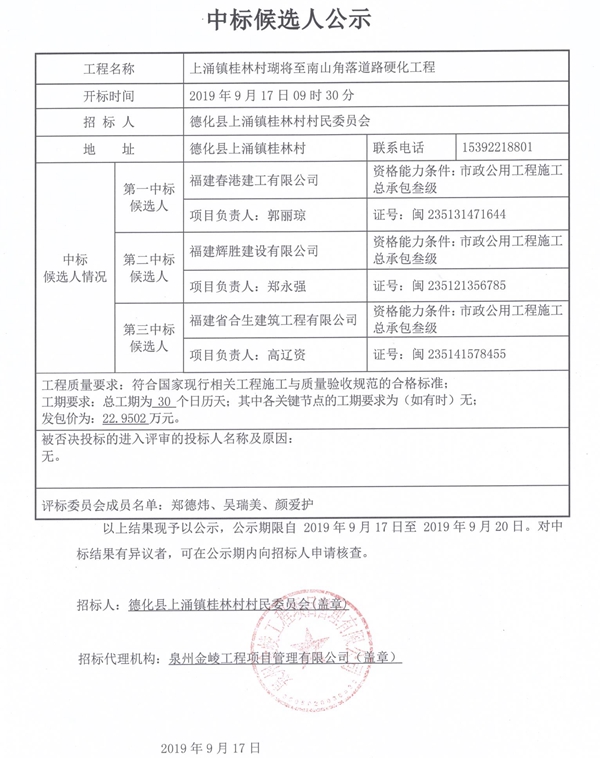 上涌镇桂林村瑚将至南山角落道路硬化工程中标候选人公示 - 憨鼠网
