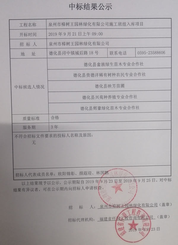 泉州市樟树王园林绿化有限公司施工班组入库项目中标结果公示 - 憨鼠网