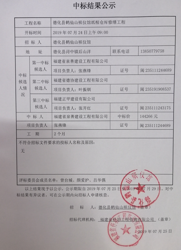 德化县鹤仙山殡仪馆纸棺仓库修缮工程中标结果公示 - 憨鼠网