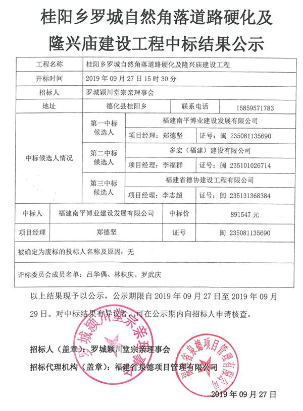 桂阳乡罗城自然角落道路硬化及隆兴庙建设工程中标结果公示 - 憨鼠网