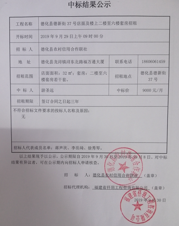 德化县德新街37号店面及楼上二楼至六楼套房招租中标结果公示 - 憨鼠网
