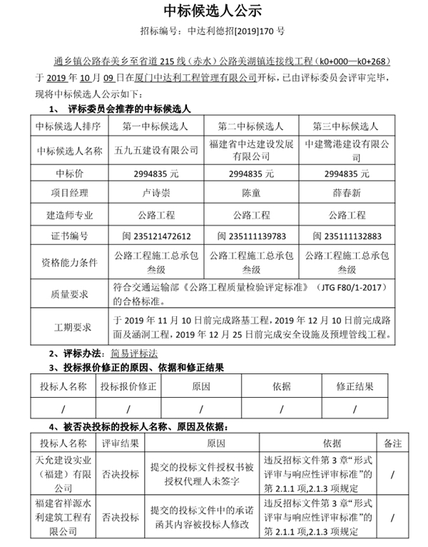 通乡镇公路春美乡至省道215线(赤水)公路美湖镇连接线工程(k0+000—k0+268)中标候选人公示 - 憨鼠网