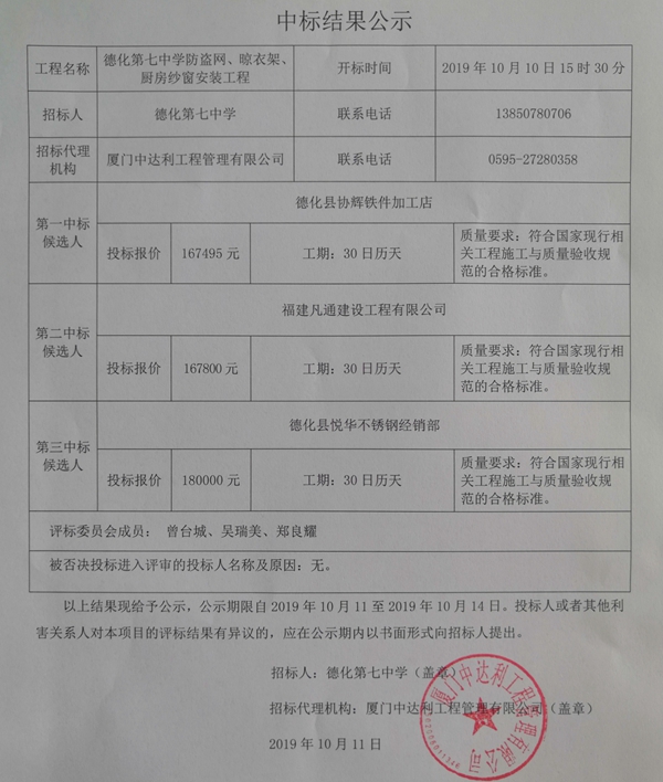德化第七中学防盗网、晾衣架、厨房纱窗安装工程中标结果公示 - 憨鼠网