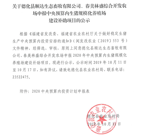 关于德化县顺达生态畜牧有限公司、春美林盛综合开发农场申报中央预算内生猪规模化养殖场建设补助项目的公示 - 憨鼠网