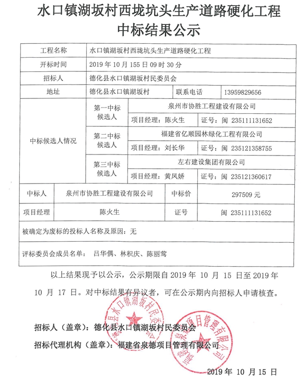 水口镇湖坂村西垅坑头生产道路硬化工程中标结果公示 - 憨鼠网