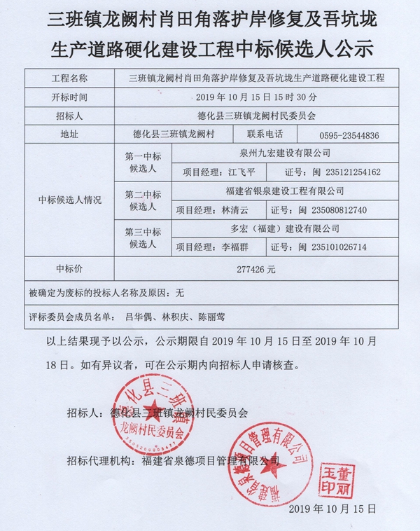 三班镇龙阙村肖田角落护岸修复及吾坑垅生产道路硬化建设工程中标候选人公示 - 憨鼠网