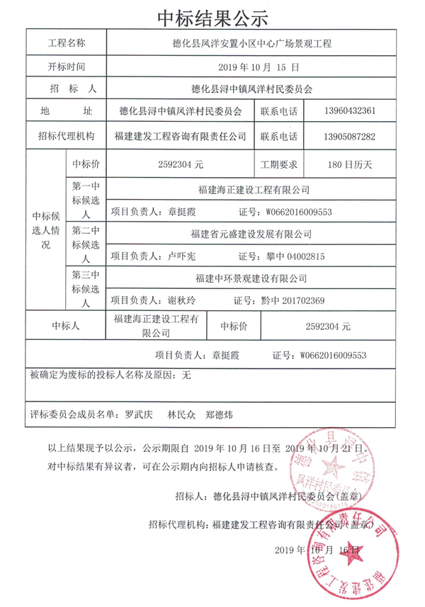 德化县凤洋安置小区中心广场景观工程中标结果公示 - 憨鼠网
