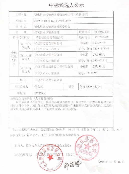 德化县赤水镇西洋村微景观工程（重新招标）中标候选人公示 - 憨鼠网