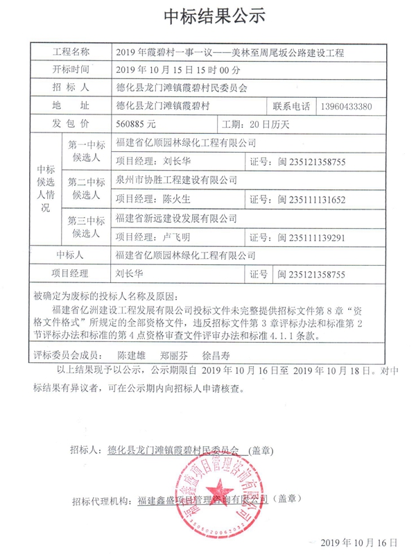2019年霞碧村一事一议——美林至周尾坂公路建设工程中标结果公示 - 憨鼠网