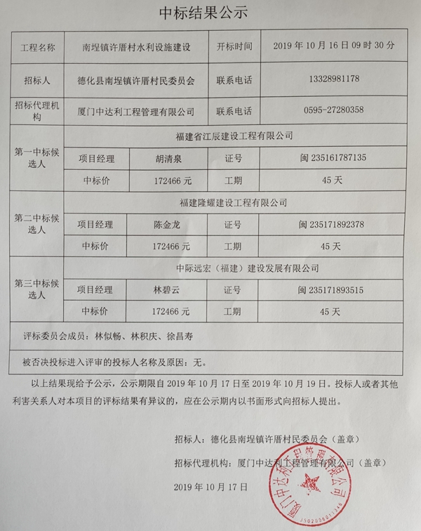 南埕镇许厝村水利设施建设中标结果公示 - 憨鼠网