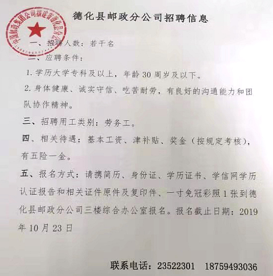 德化县邮政分公司招聘信息 - 憨鼠网