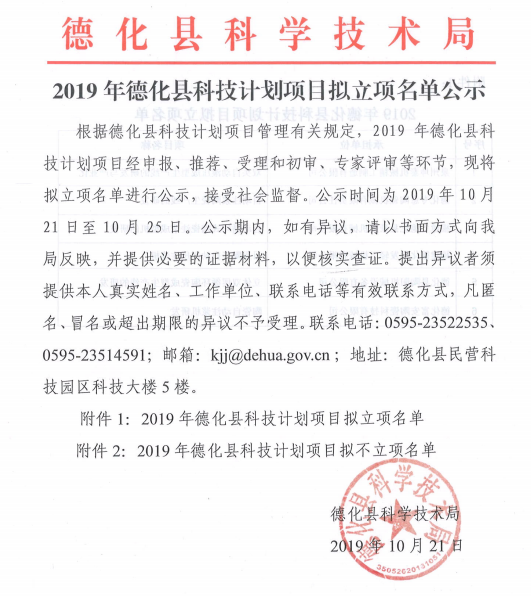 2019年德化县科技计划项目拟立项名单公示 - 憨鼠网