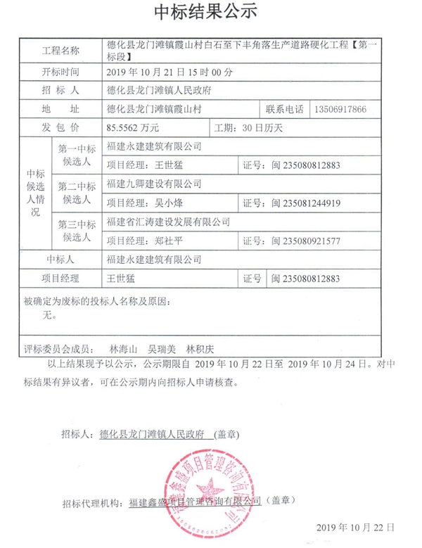 德化县龙门滩镇霞山村白石至下丰角落生产道路硬化工程【第一标段】中标结果公示 - 憨鼠网