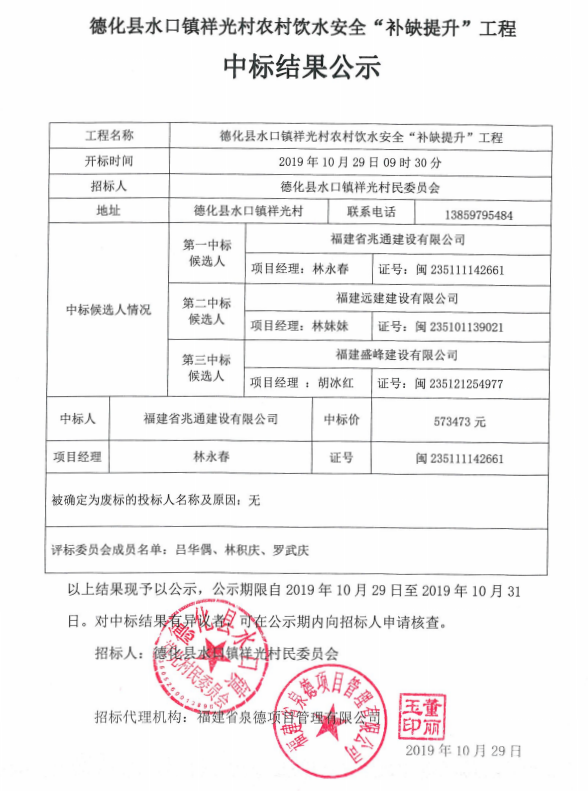 德化县水口镇祥光村农村饮水安全“补缺提升”工程中标结果公示 - 憨鼠网