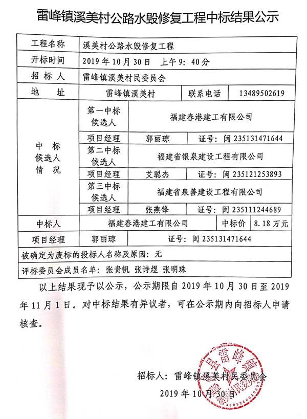 雷峰镇溪美村公路水毁修复工程中标结果公示 - 憨鼠网