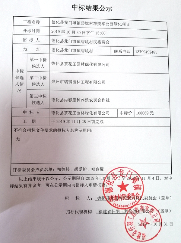 德化县龙门滩镇碧坑村粹美亭公园绿化项目中标结果公示 - 憨鼠网