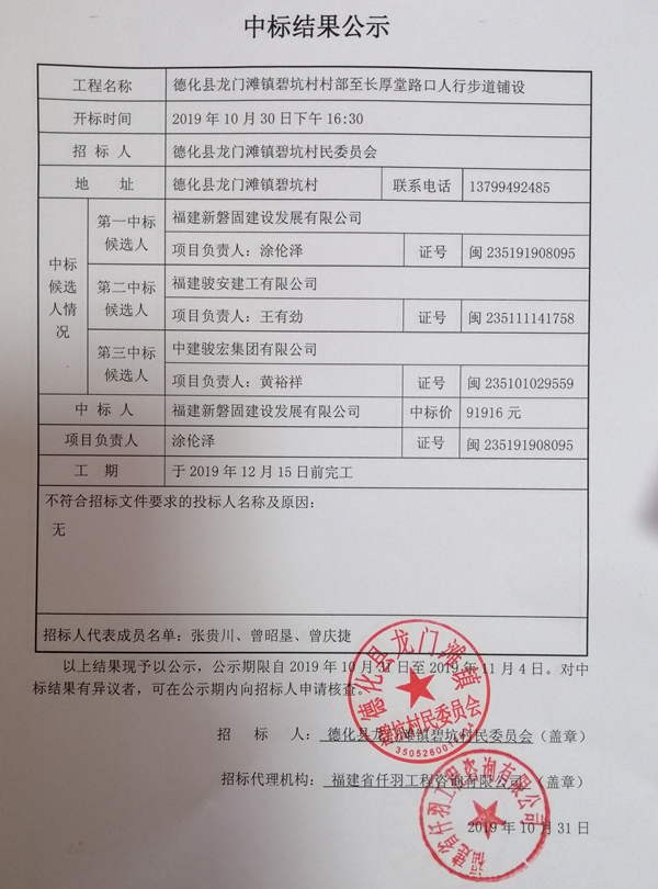 德化县龙门滩镇碧坑村村部至长厚堂路口人行步道铺设中标结果公示 - 憨鼠网