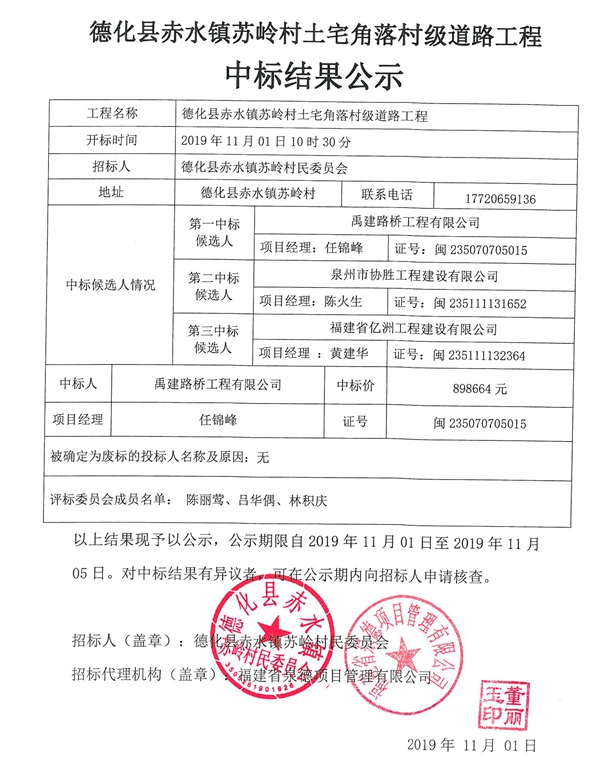 德化县赤水镇苏岭村土宅角落村级道路工程中标结果公示 - 憨鼠网