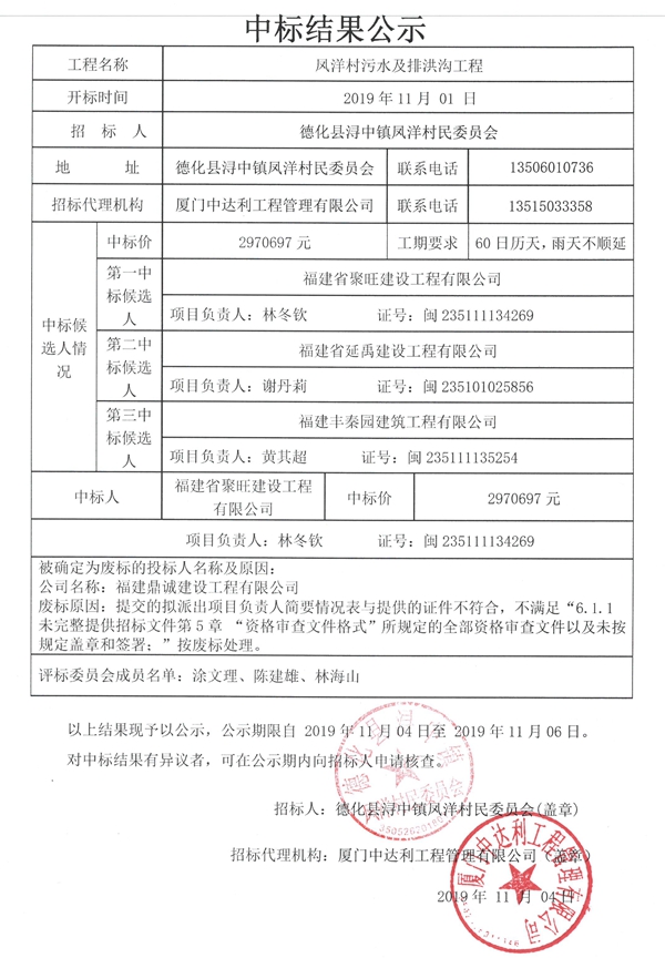 凤洋村污水及排洪沟工程中标结果公示 - 憨鼠网