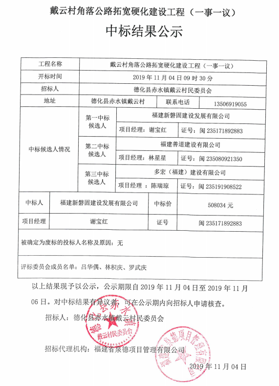 戴云村角落公路拓宽硬化建设工程（一事一议）中标结果公示 - 憨鼠网