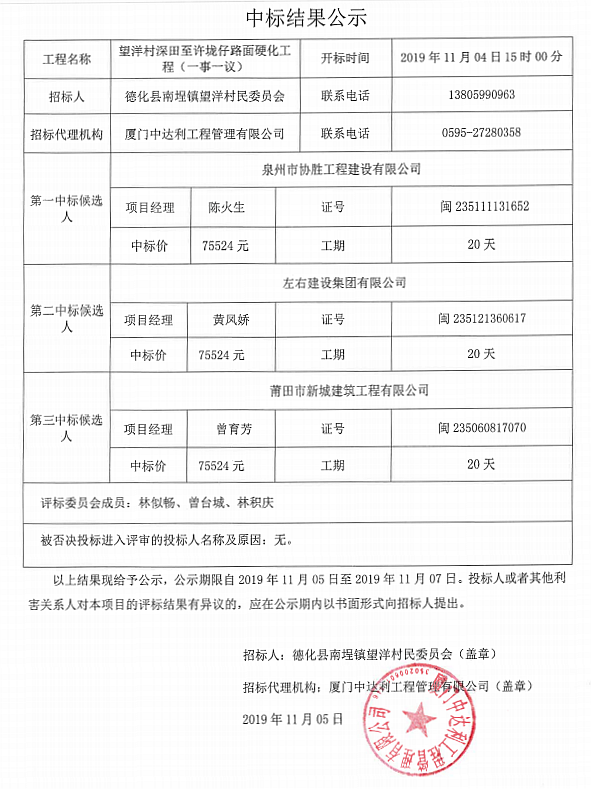 望洋村深田至许垅仔路面硬化工程（一事一议）中标结果公示 - 憨鼠网