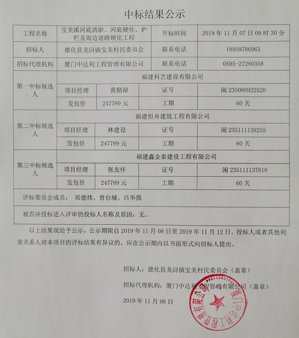 宝美溪河底清淤、河底硬化、护栏及周边道路硬化工程中标结果公示 - 憨鼠网