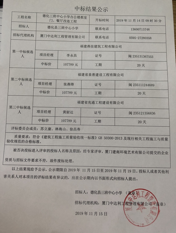 德化三班中心小学办公楼教室门、餐厅改造工程中标结果公示 - 憨鼠网