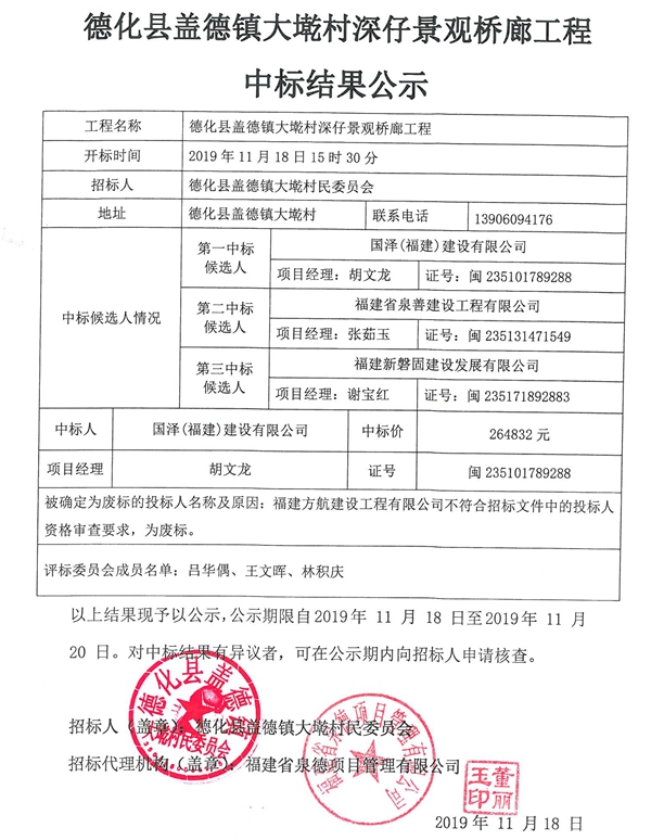 德化县盖德镇大墘村深仔景观桥廊工程中标结果公示 - 憨鼠网