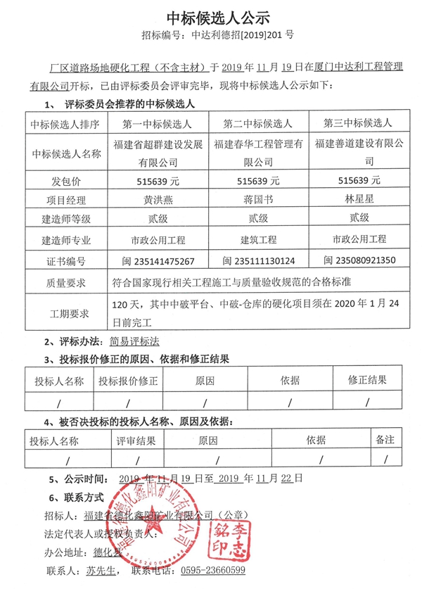 厂区道路场地硬化工程（不含主材）中标候选人公示 - 憨鼠网