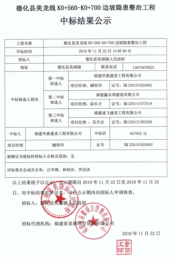 德化县美龙线K0+560-K0+700边坡隐患整治工程中标结果公示 - 憨鼠网