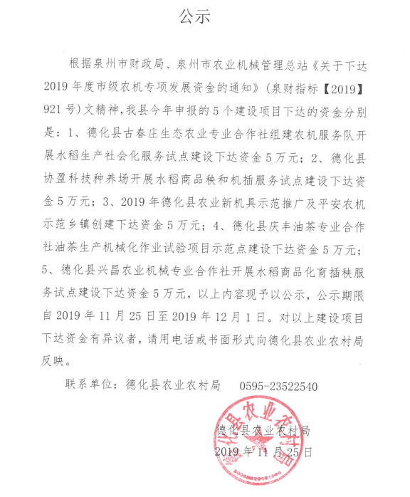 德化县申报2019年度市级农机专项发展资金公示 - 憨鼠网