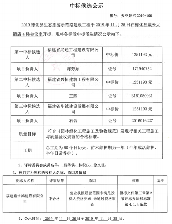 2019德化县生态旅游示范路建设工程中标候选公示 - 憨鼠网