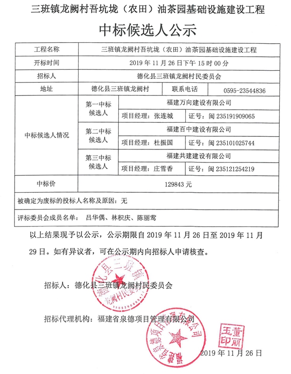 三班镇龙阙村吾坑垅（农田）油茶园基础设施建设工程中标候选人公示 - 憨鼠网