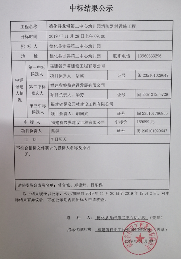德化县龙浔第二中心幼儿园消防器材设施工程中标结果公示 - 憨鼠网
