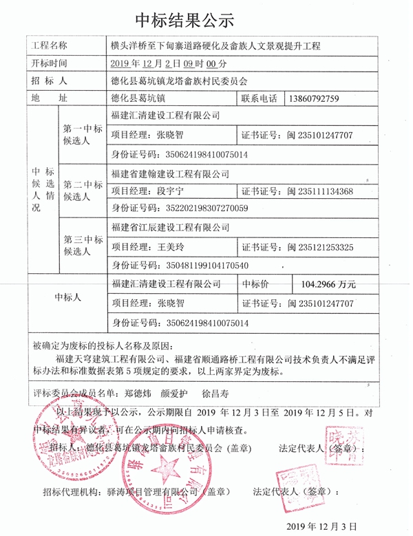 横头洋桥至下甸寨道路硬化及畲族人文景观提升工程中标结果公示 - 憨鼠网