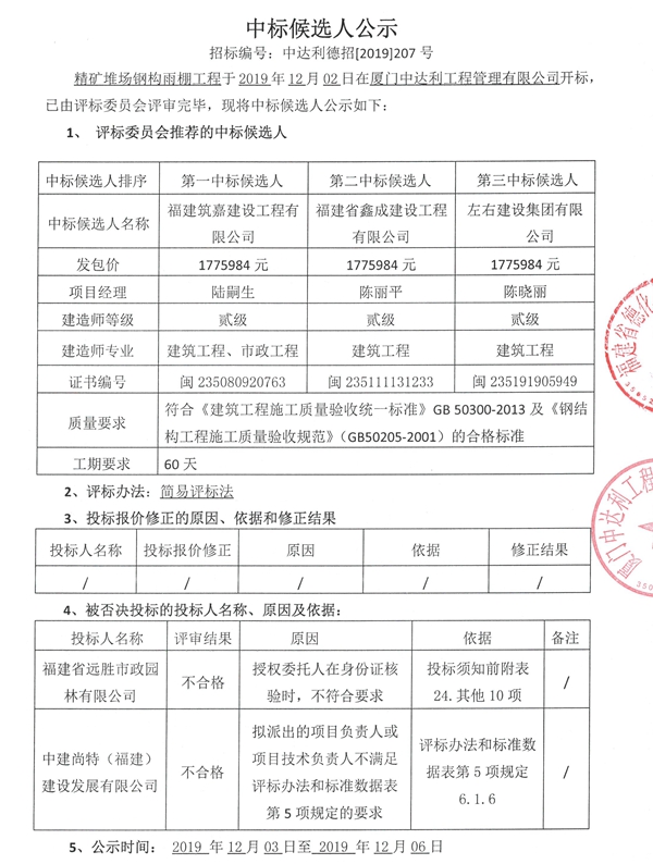 精矿堆场钢构雨棚工程中标候选人公示 - 憨鼠网