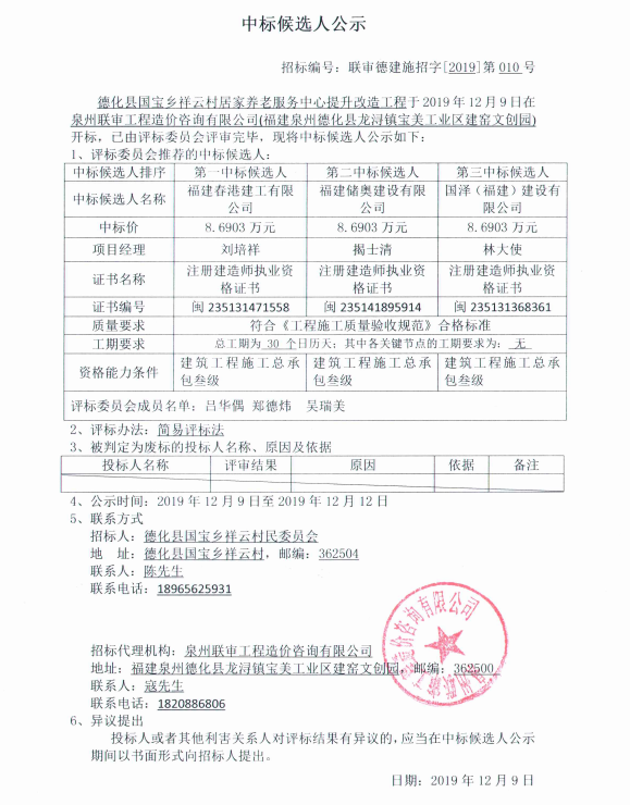 德化县国宝乡祥云村居家养老服务中心提升改造工程中标候选人公示 - 憨鼠网
