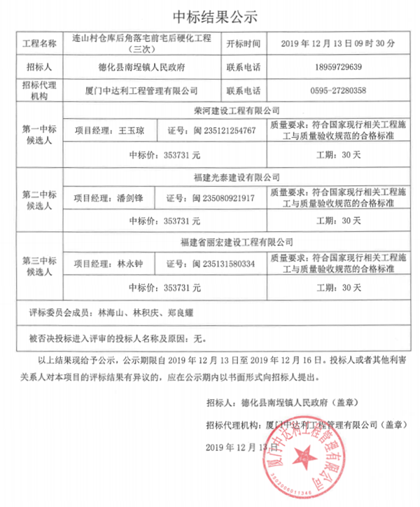 连山村仓库后角落宅前宅后硬化工程（三次）中标结果公示 - 憨鼠网