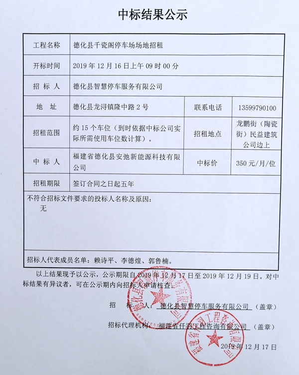 德化县千瓷阁停车场场地招租中标结果公示 - 憨鼠网